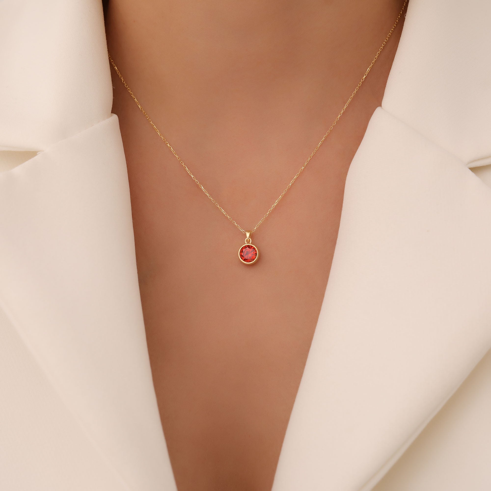 Round Garnet Bezel Necklace in 14K Solid Gold | January Birthstone Pendant Queen Jewelry Necklace
