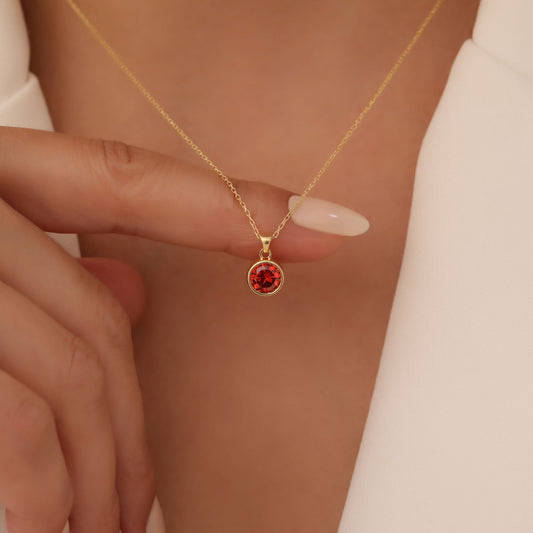 Round Garnet Bezel Necklace in 14K Solid Gold | January Birthstone Pendant Queen Jewelry Necklace