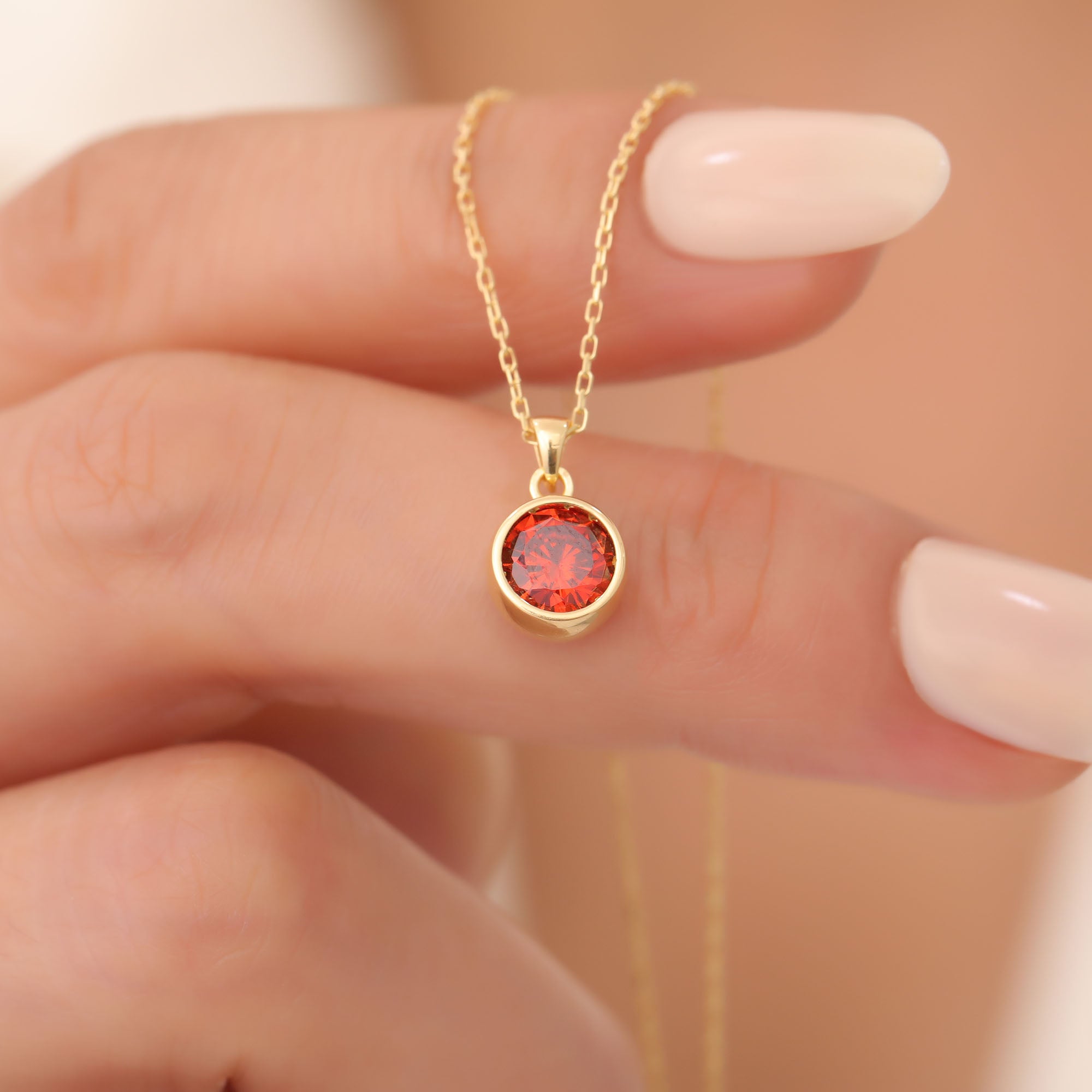 Round Garnet Bezel Necklace in 14K Solid Gold | January Birthstone Pendant Queen Jewelry Necklace