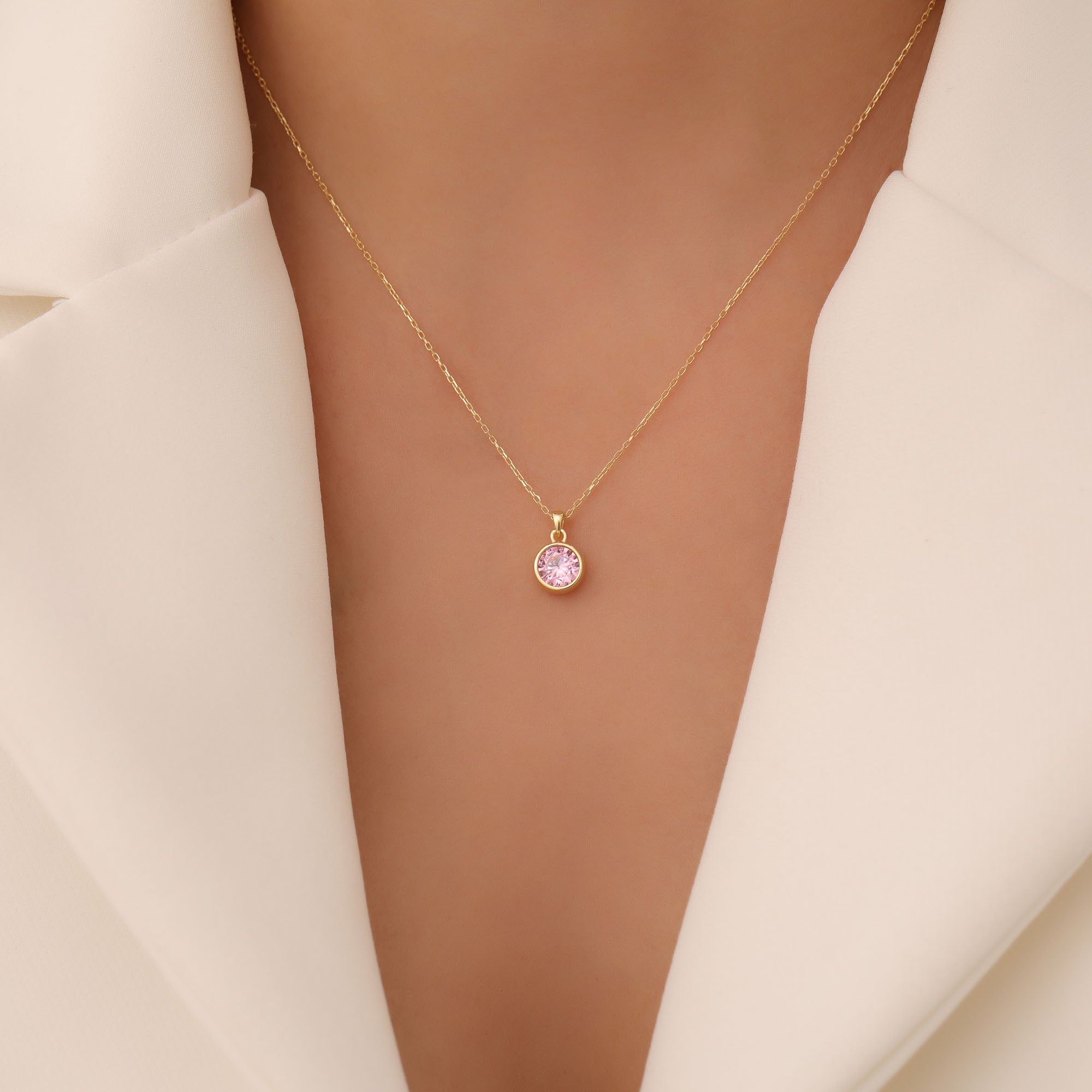 Round Pink Tourmaline Bezel Necklace in 14K Solid Gold | October Birthstone Pendant Queen Jewelry Necklace