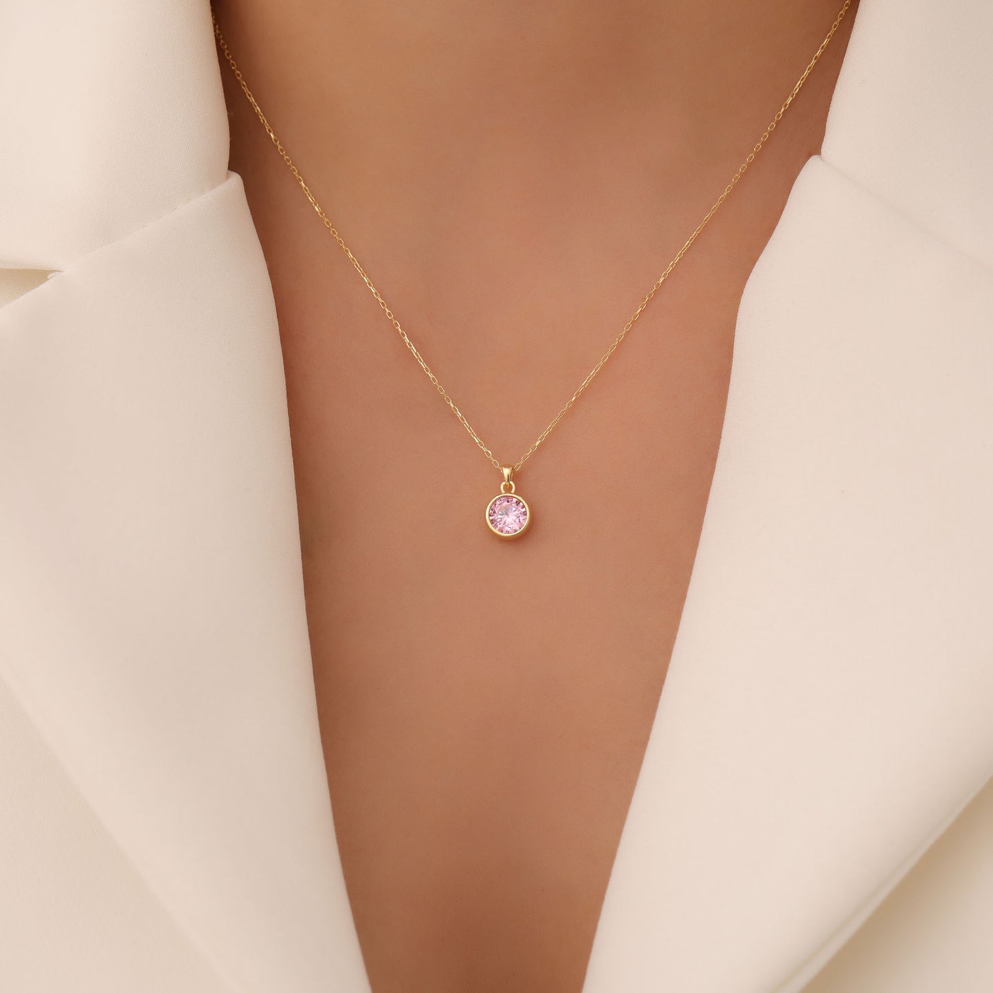 Round Pink Tourmaline Bezel Necklace in 14K Solid Gold | October Birthstone Pendant Queen Jewelry Necklace