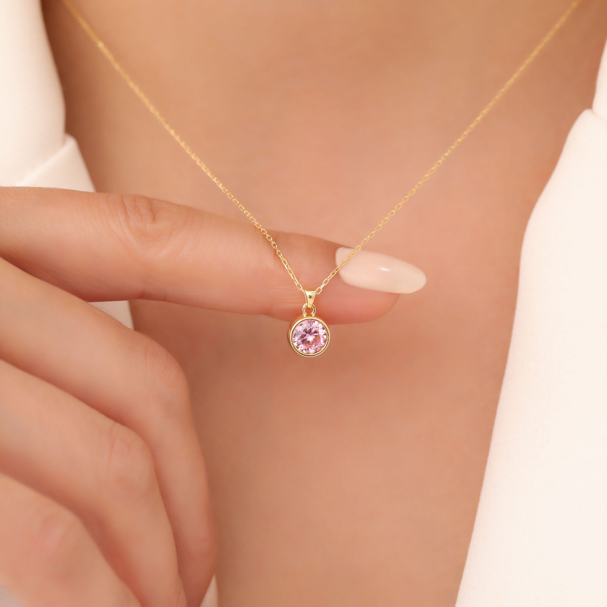 Round Pink Tourmaline Bezel Necklace in 14K Solid Gold | October Birthstone Pendant Queen Jewelry Necklace