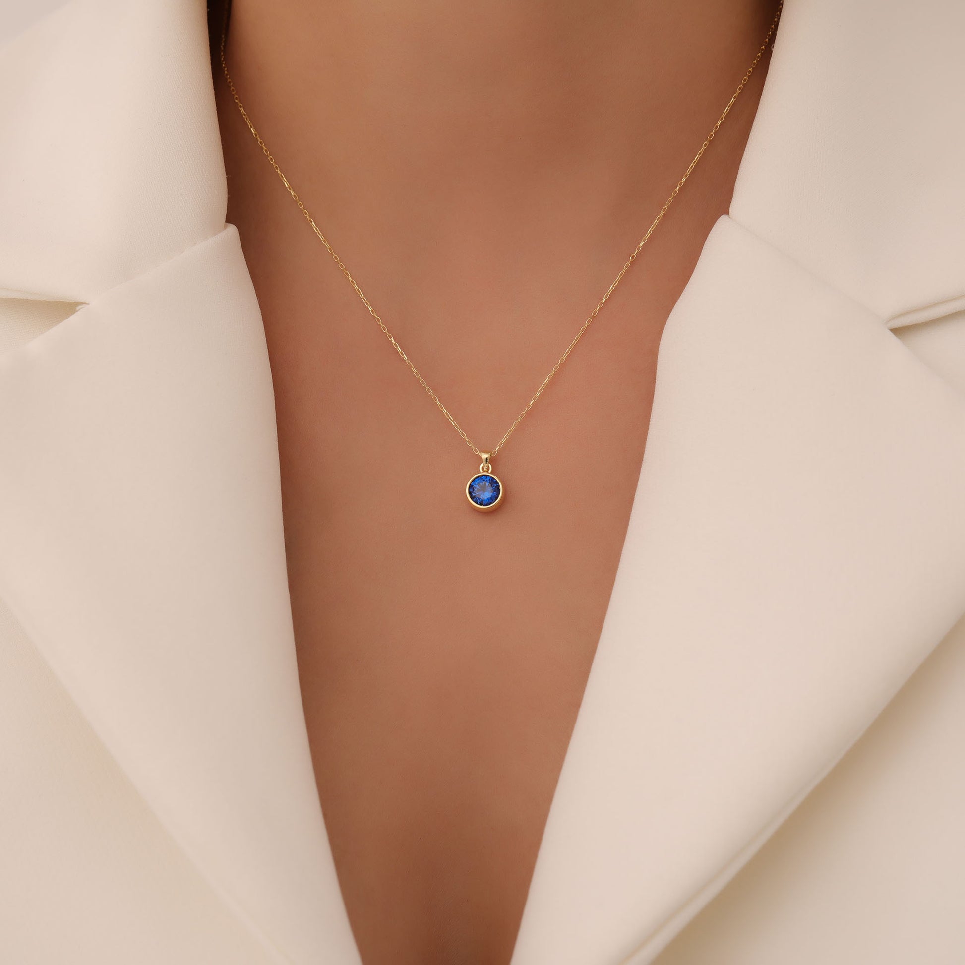 Round Sapphire Bezel Necklace in 14K Solid Gold | September Birthstone Pendant Queen Jewelry Necklace