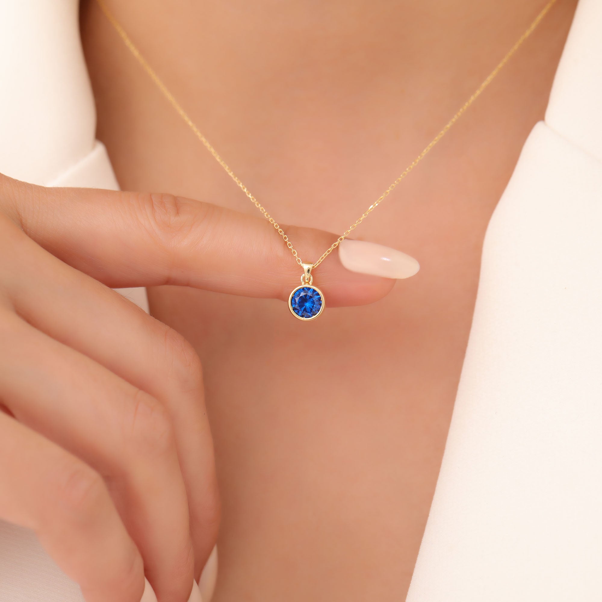 Round Sapphire Bezel Necklace in 14K Solid Gold | September Birthstone Pendant Queen Jewelry Necklace