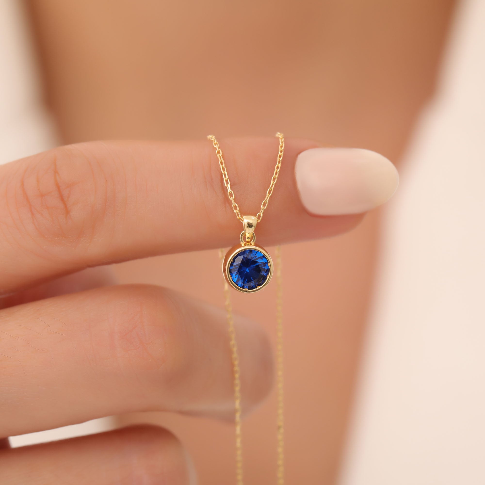 Round Sapphire Bezel Necklace in 14K Solid Gold | September Birthstone Pendant Queen Jewelry Necklace