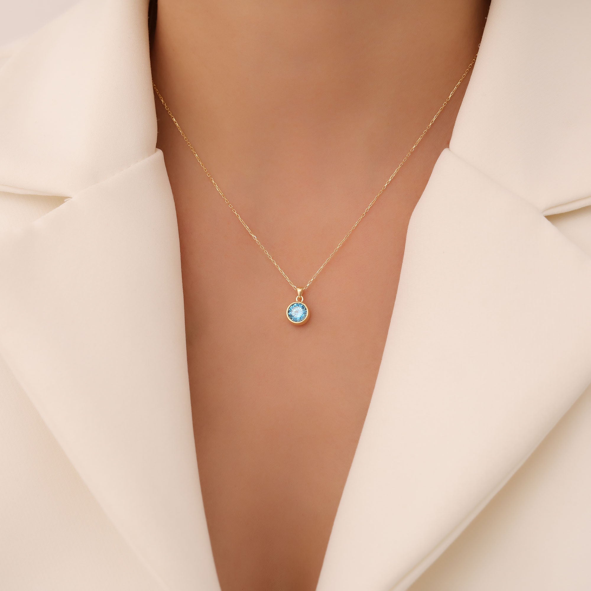 Round Blue Topaz Bezel Necklace in 14K Solid Gold | December Birthstone Pendant Queen Jewelry Necklace