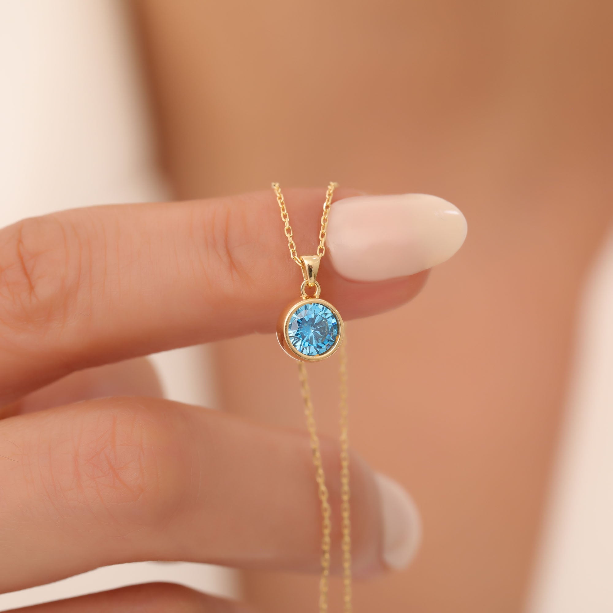 Round Blue Topaz Bezel Necklace in 14K Solid Gold | December Birthstone Pendant Queen Jewelry Necklace