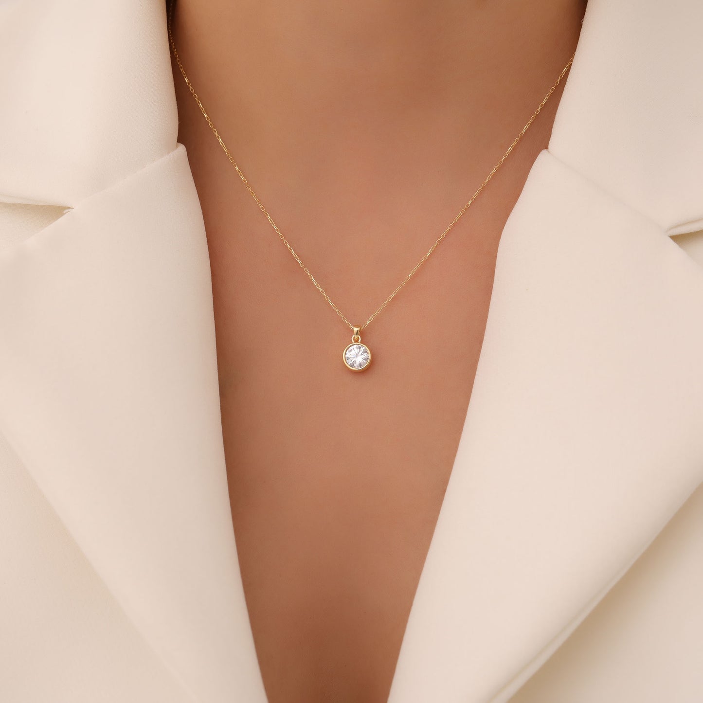 Round White Topaz Bezel Necklace in 14K Solid Gold | April Birthstone Pendant Queen Jewelry Necklace
