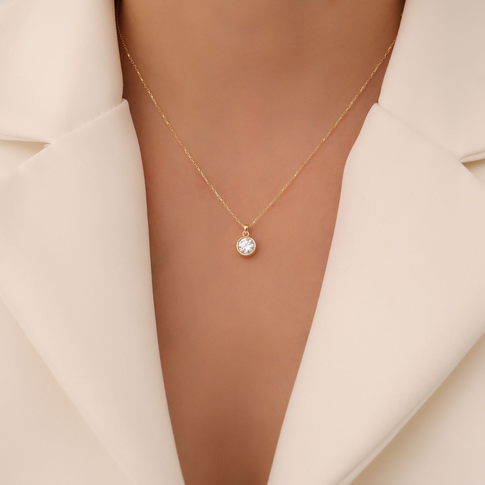 Round White Topaz Bezel Necklace in 14K Solid Gold | April Birthstone Pendant Queen Jewelry Necklace