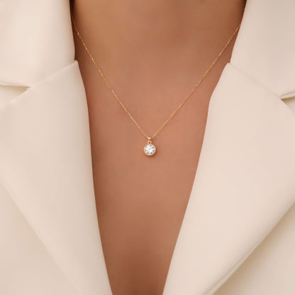 Round White Topaz Bezel Necklace in 14K Solid Gold | April Birthstone Pendant Queen Jewelry Necklace