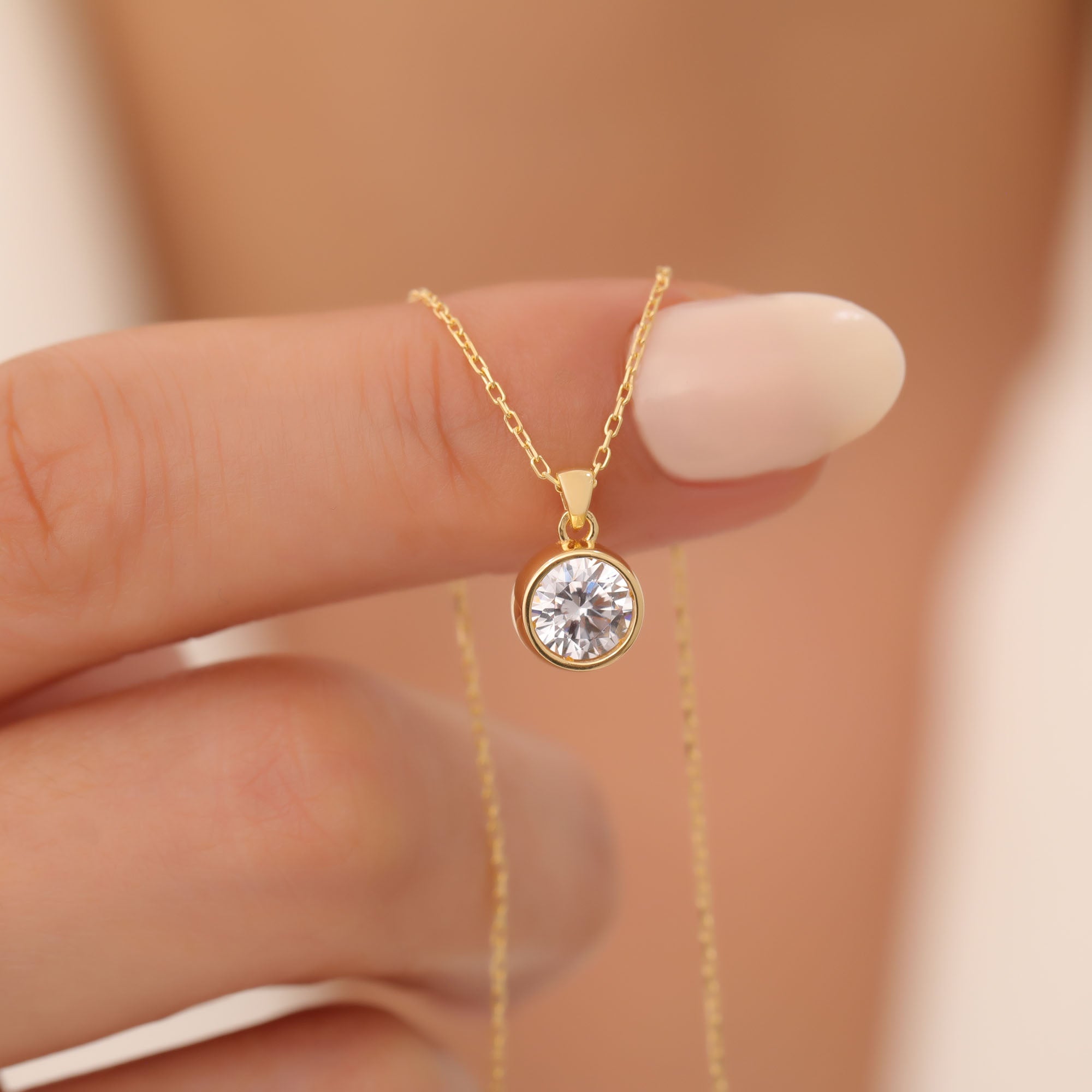 Round White Topaz Bezel Necklace in 14K Solid Gold | April Birthstone Pendant Queen Jewelry Necklace