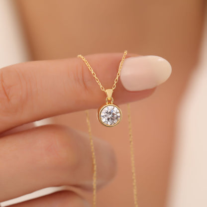 Round White Topaz Bezel Necklace in 14K Solid Gold | April Birthstone Pendant Queen Jewelry Necklace