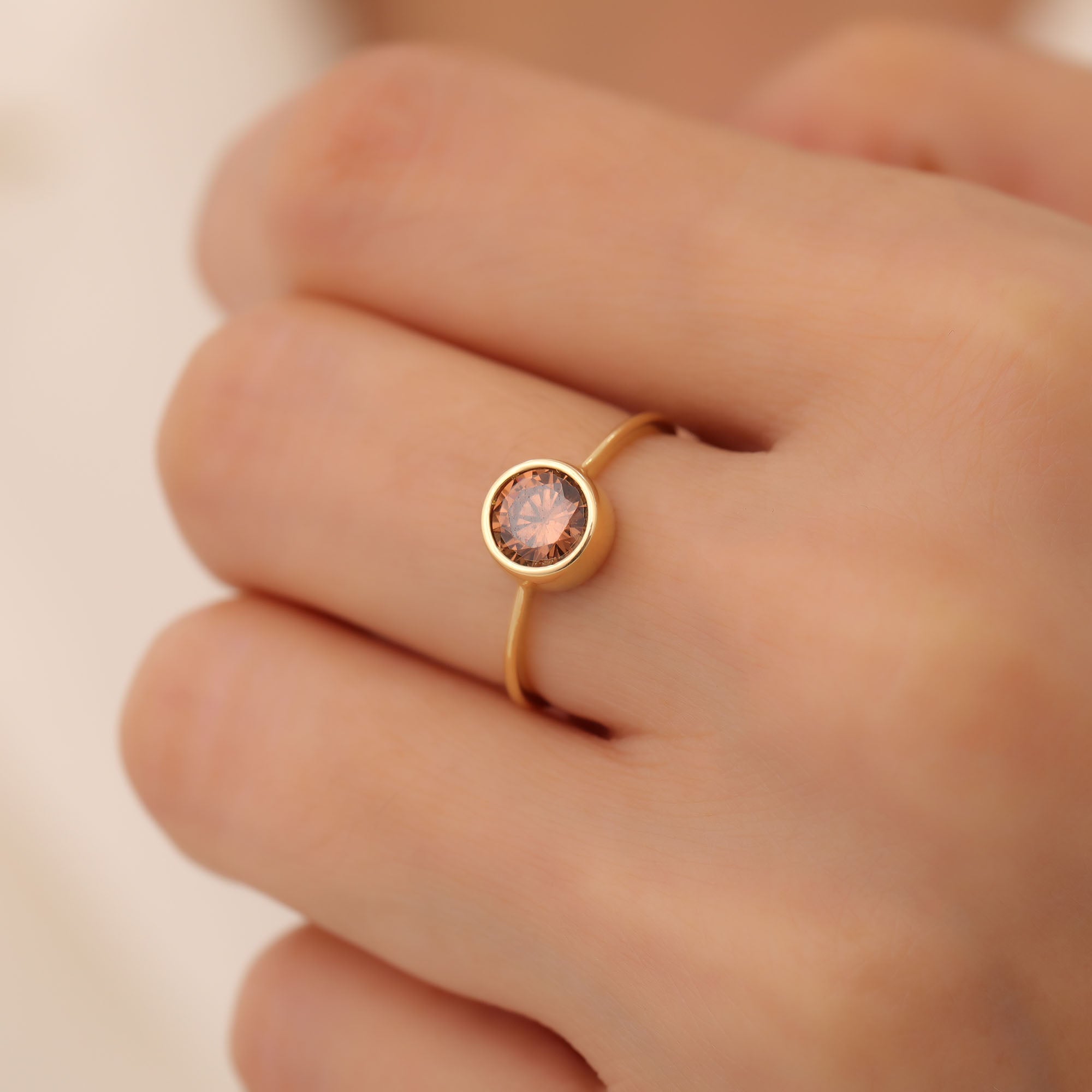 Round Smoky Quartz Bezel Ring in 14K Solid Gold | Birthstone Jewelry Queen Jewelry Rings