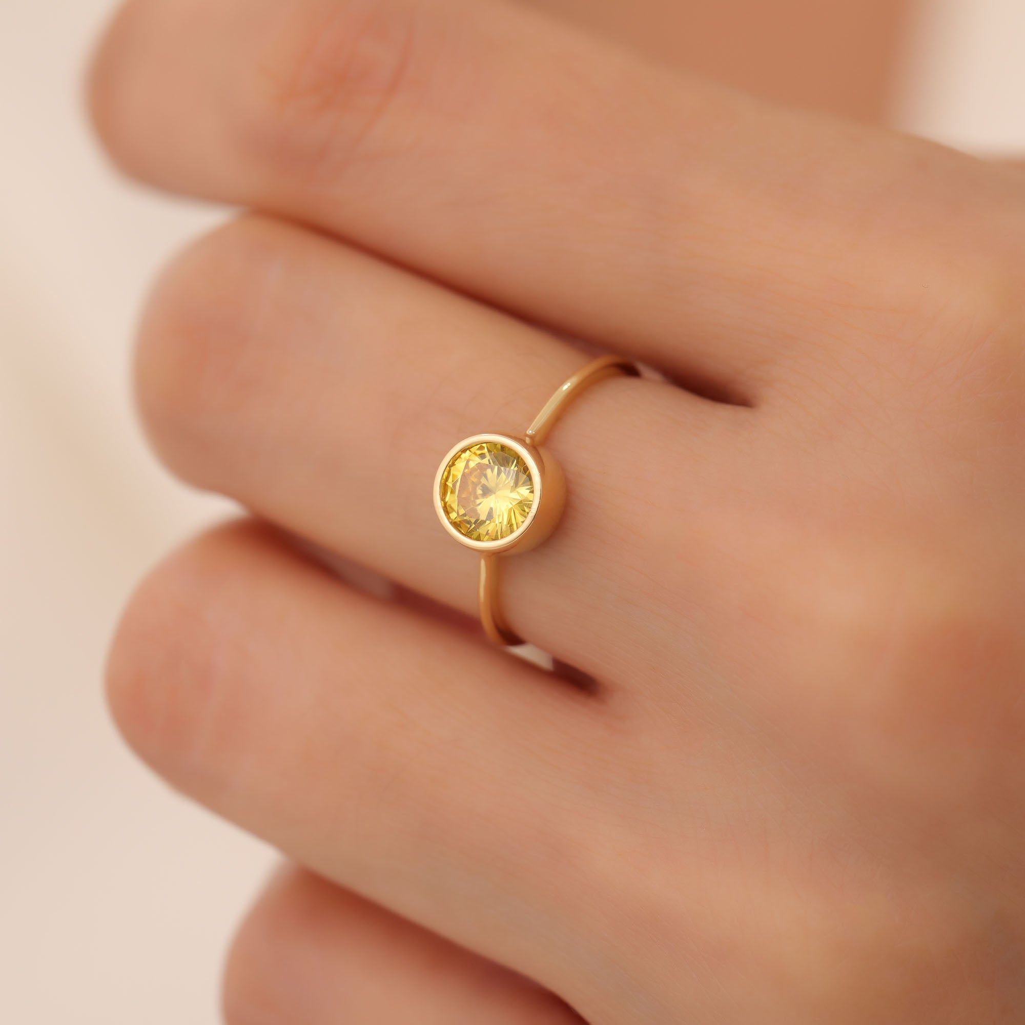 Round Yellow Topaz Bezel Ring in 14K Solid Gold | Birthstone Jewelry Queen Jewelry Rings