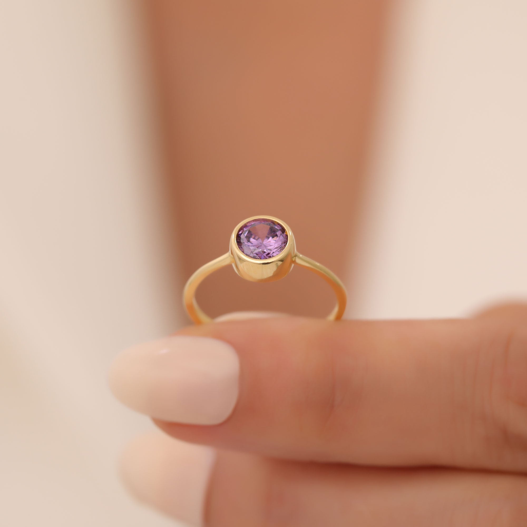 Round Amethyst Bezel Ring in 14K Solid Gold | February Birthstone Queen Jewelry Rings