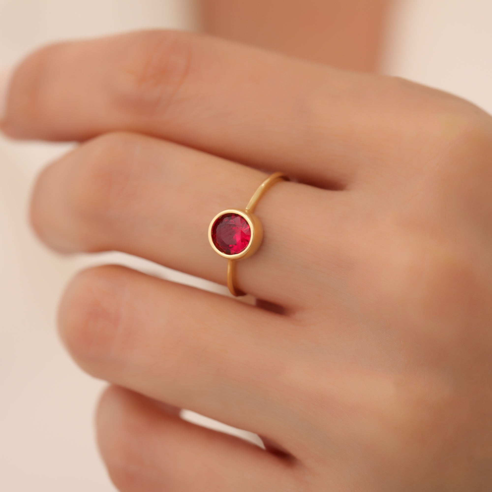 Round Ruby Bezel Ring in 14K Solid Gold | July Birthstone Queen Jewelry Rings