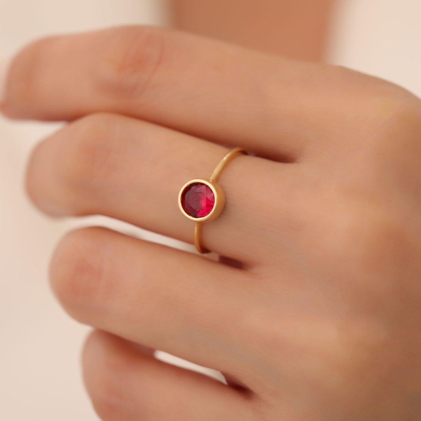 Round Ruby Bezel Ring in 14K Solid Gold | July Birthstone Queen Jewelry Rings