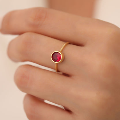 Round Ruby Bezel Ring in 14K Solid Gold | July Birthstone Queen Jewelry Rings