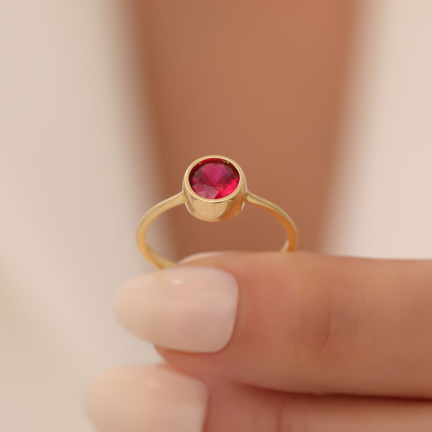 Round Ruby Bezel Ring in 14K Solid Gold | July Birthstone Queen Jewelry Rings