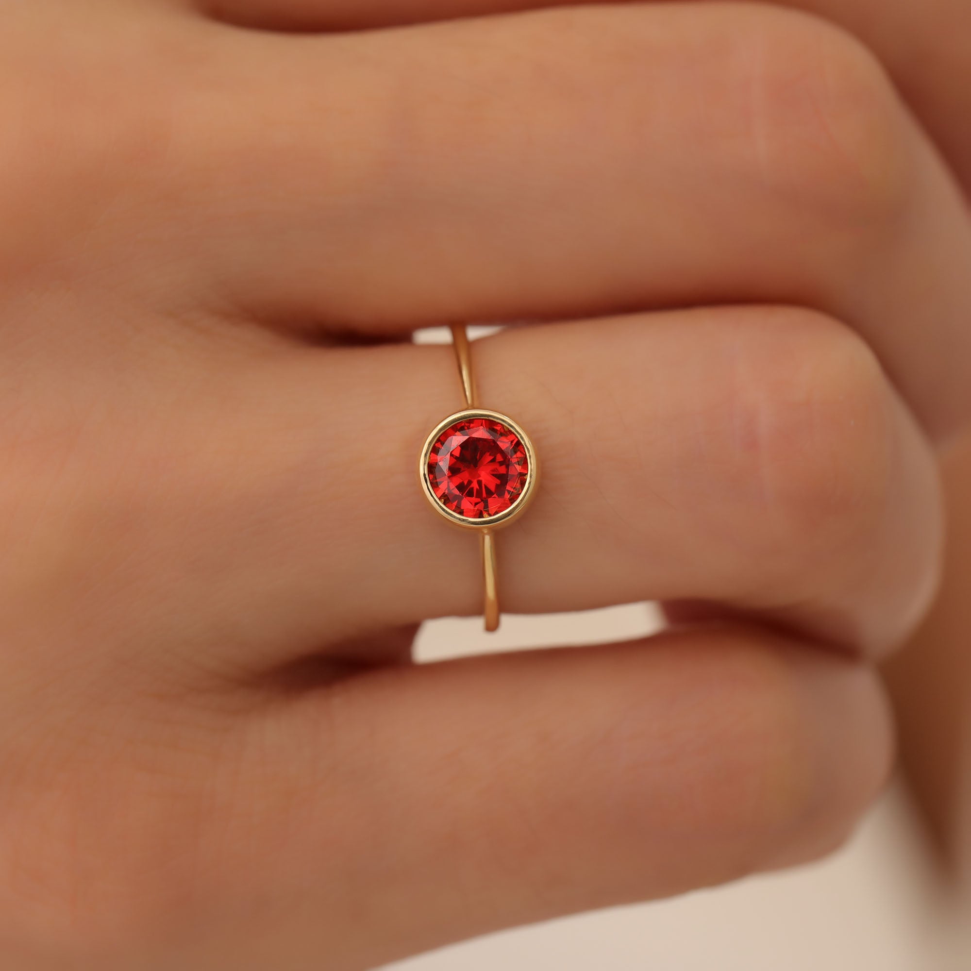 Round Garnet Bezel Ring in 14K Solid Gold | January Birthstone Queen Jewelry Rings