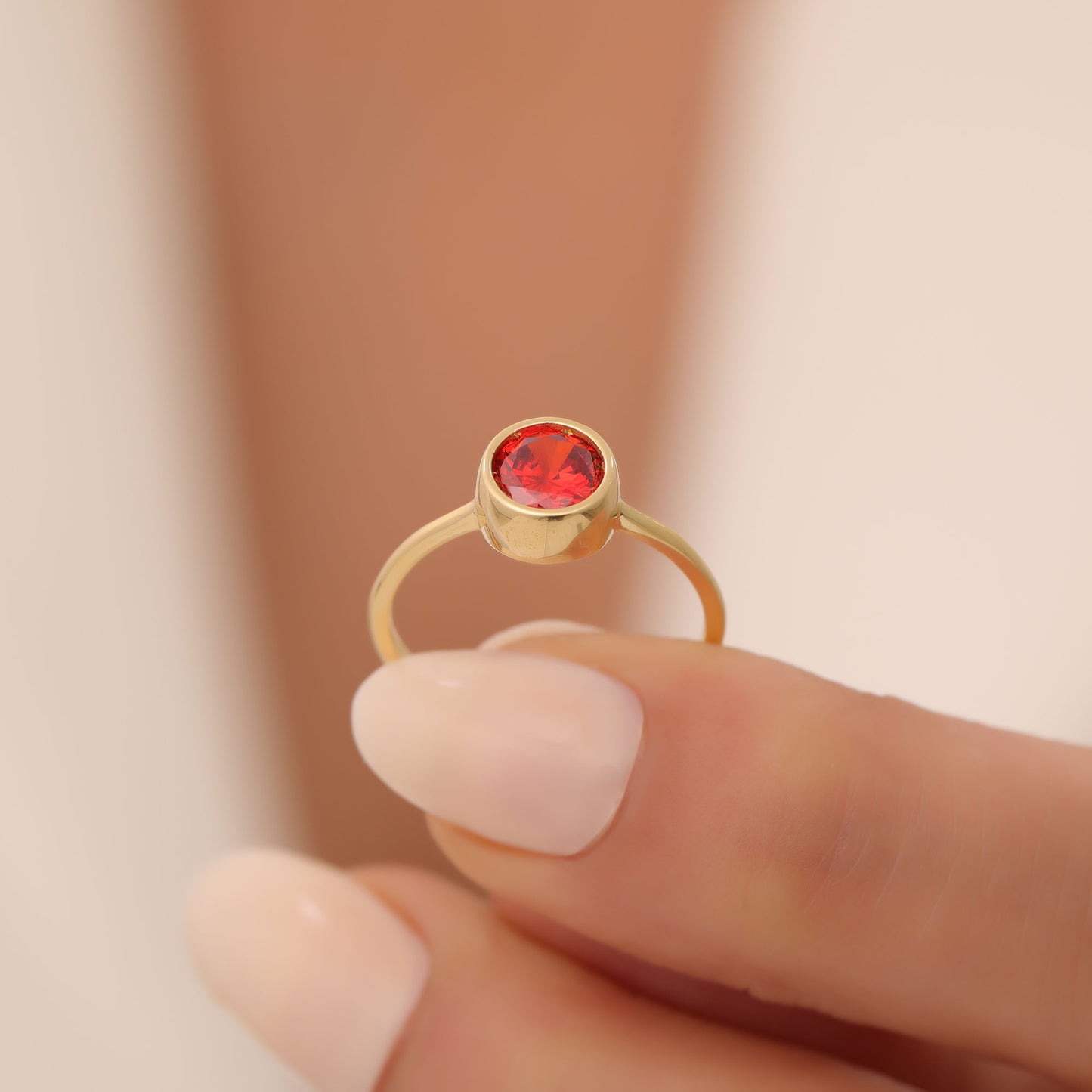 Round Garnet Bezel Ring in 14K Solid Gold | January Birthstone Queen Jewelry Rings