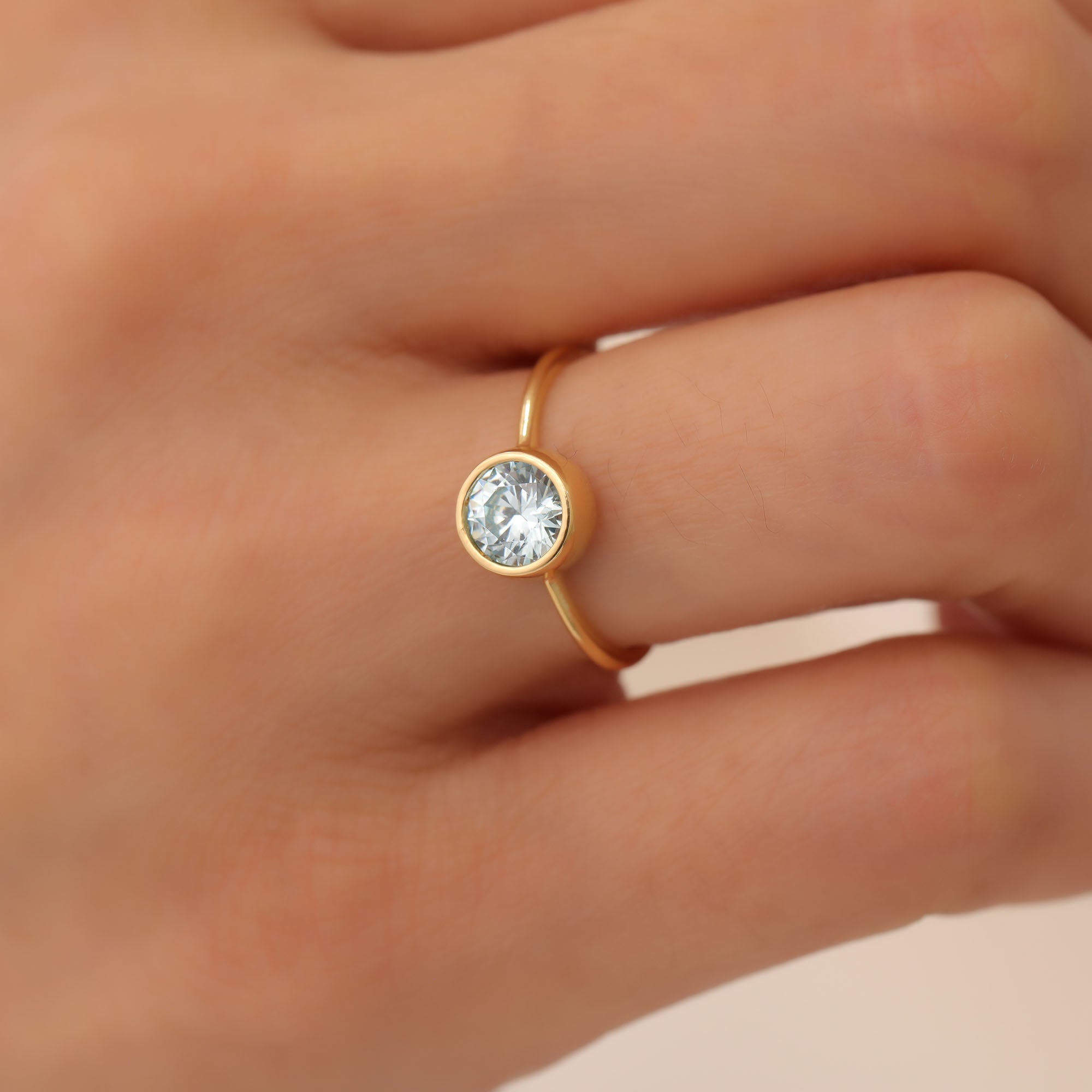 Round Aquamarine Bezel Ring in 14K Solid Gold | March Birthstone Queen Jewelry Rings