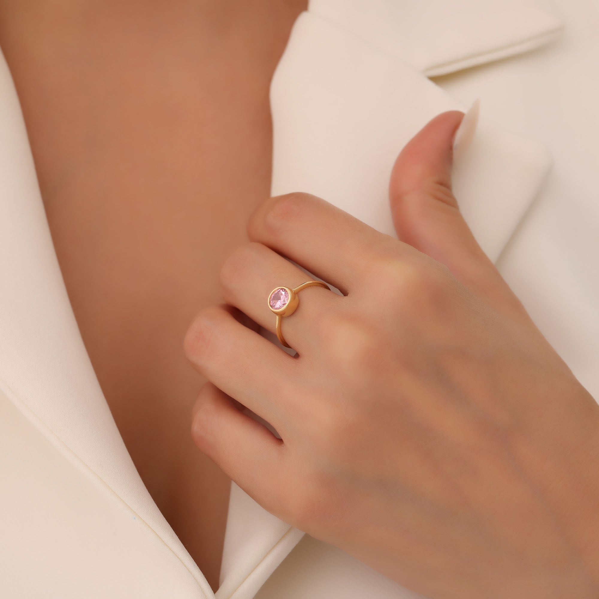 Round Pink Tourmaline Bezel Ring in 14K Solid Gold | October Birthstone Queen Jewelry Rings