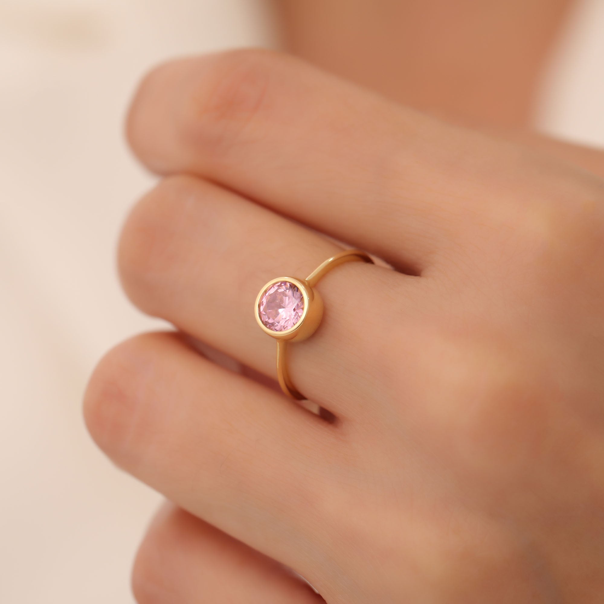 Round Pink Tourmaline Bezel Ring in 14K Solid Gold | October Birthstone Queen Jewelry Rings