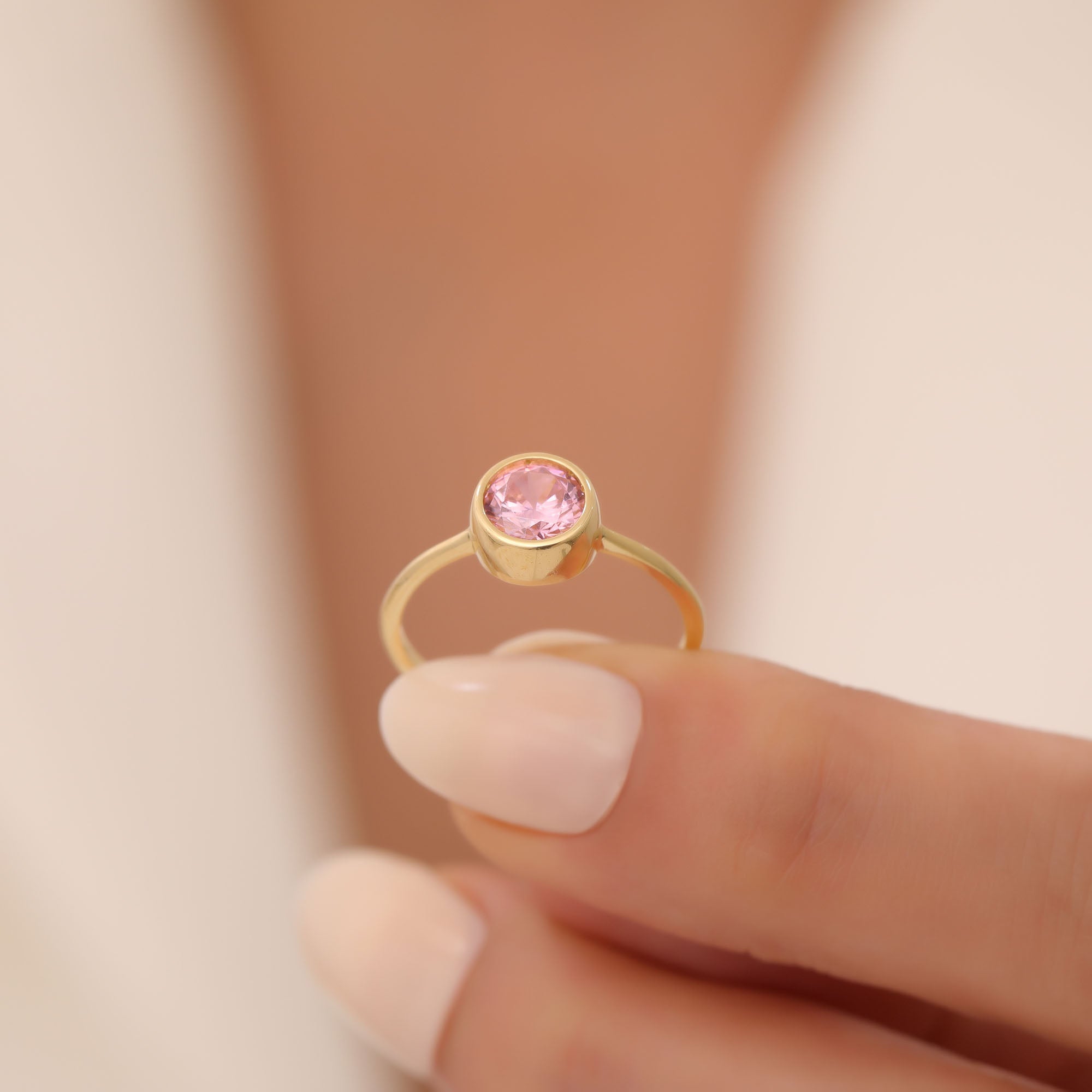 Round Pink Tourmaline Bezel Ring in 14K Solid Gold | October Birthstone Queen Jewelry Rings