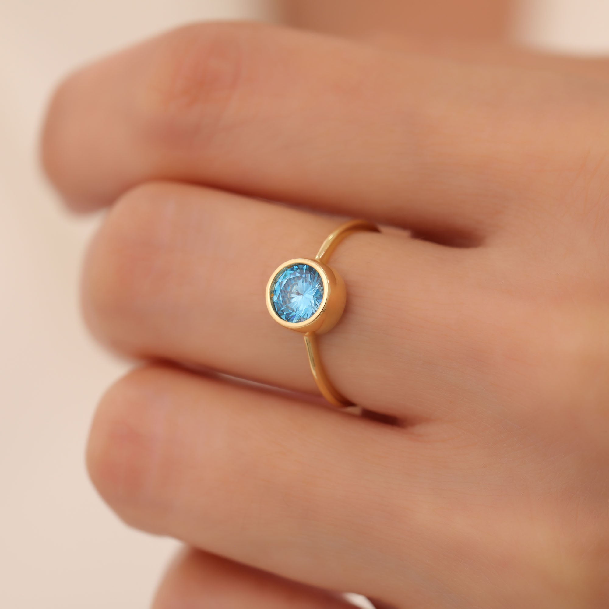 Round Blue Topaz Bezel Ring in 14K Solid Gold | December Birthstone Queen Jewelry Rings