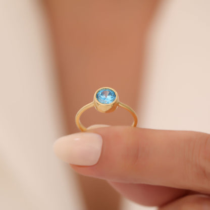 Round Blue Topaz Bezel Ring in 14K Solid Gold | December Birthstone Queen Jewelry Rings
