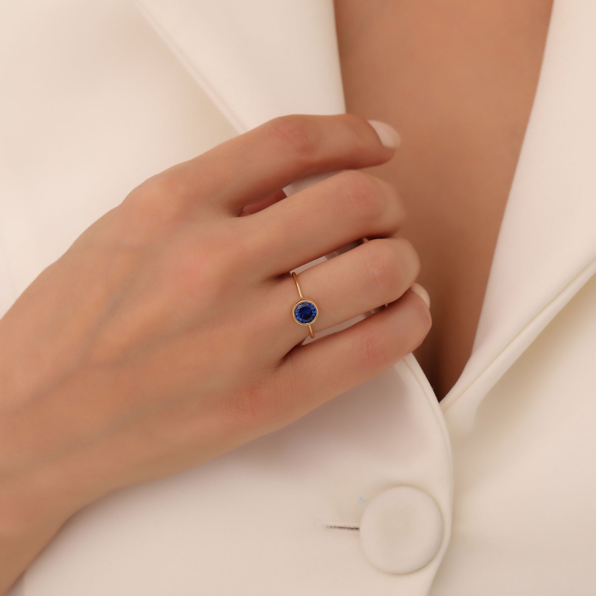 Round Sapphire Bezel Ring in 14K Solid Gold | September Birthstone Queen Jewelry Rings