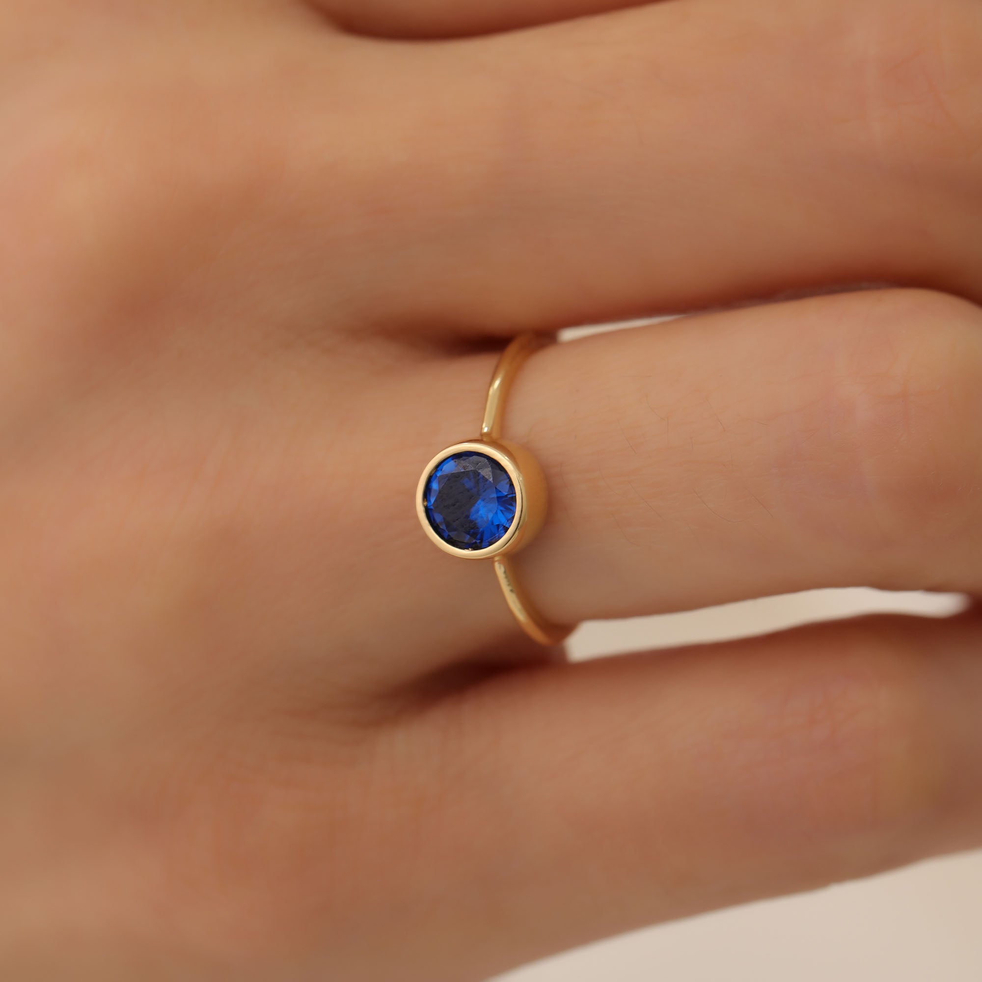 Round Sapphire Bezel Ring in 14K Solid Gold | September Birthstone Queen Jewelry Rings