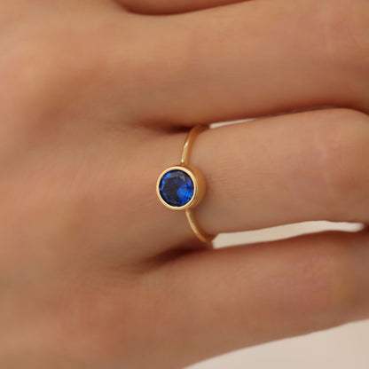 Round Sapphire Bezel Ring in 14K Solid Gold | September Birthstone Queen Jewelry Rings
