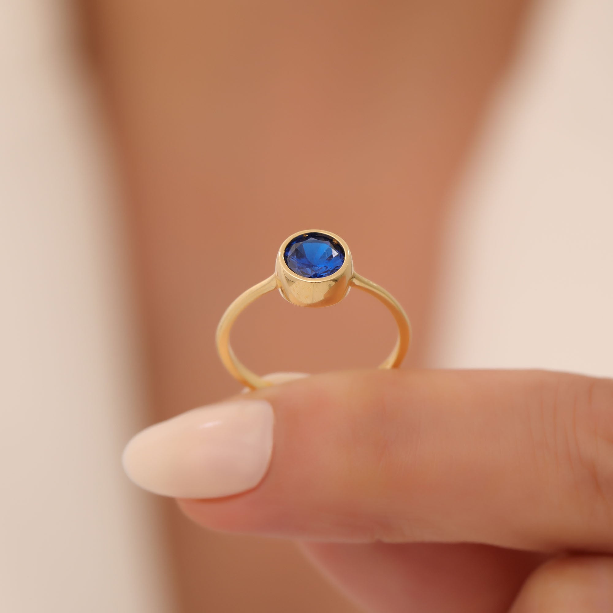 Round Sapphire Bezel Ring in 14K Solid Gold | September Birthstone Queen Jewelry Rings