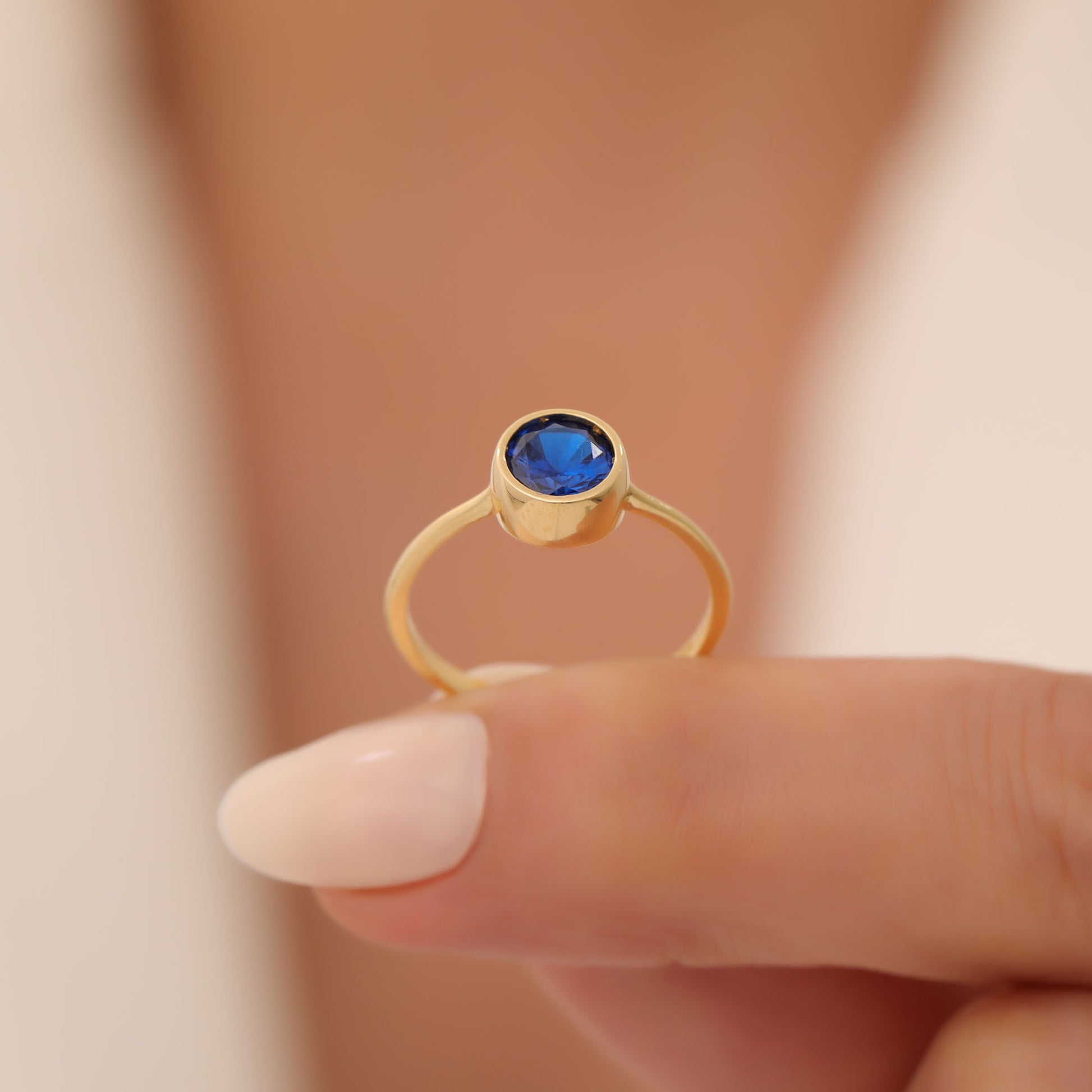 Round Sapphire Bezel Ring in 14K Solid Gold | September Birthstone Queen Jewelry Rings
