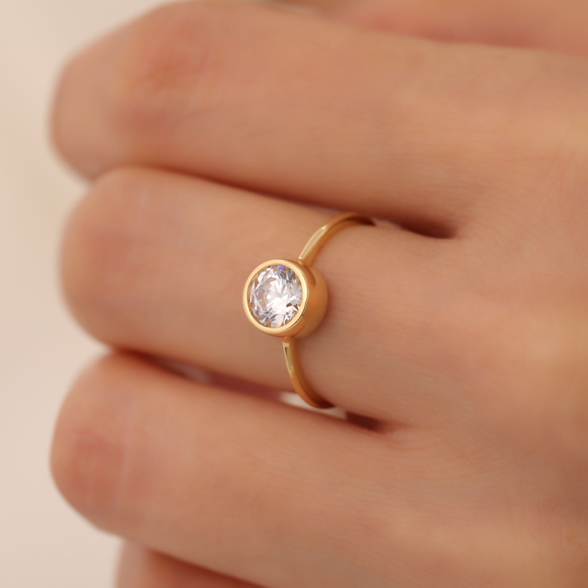 Round White Topaz Bezel Ring in 14K Solid Gold | April Birthstone Queen Jewelry Rings
