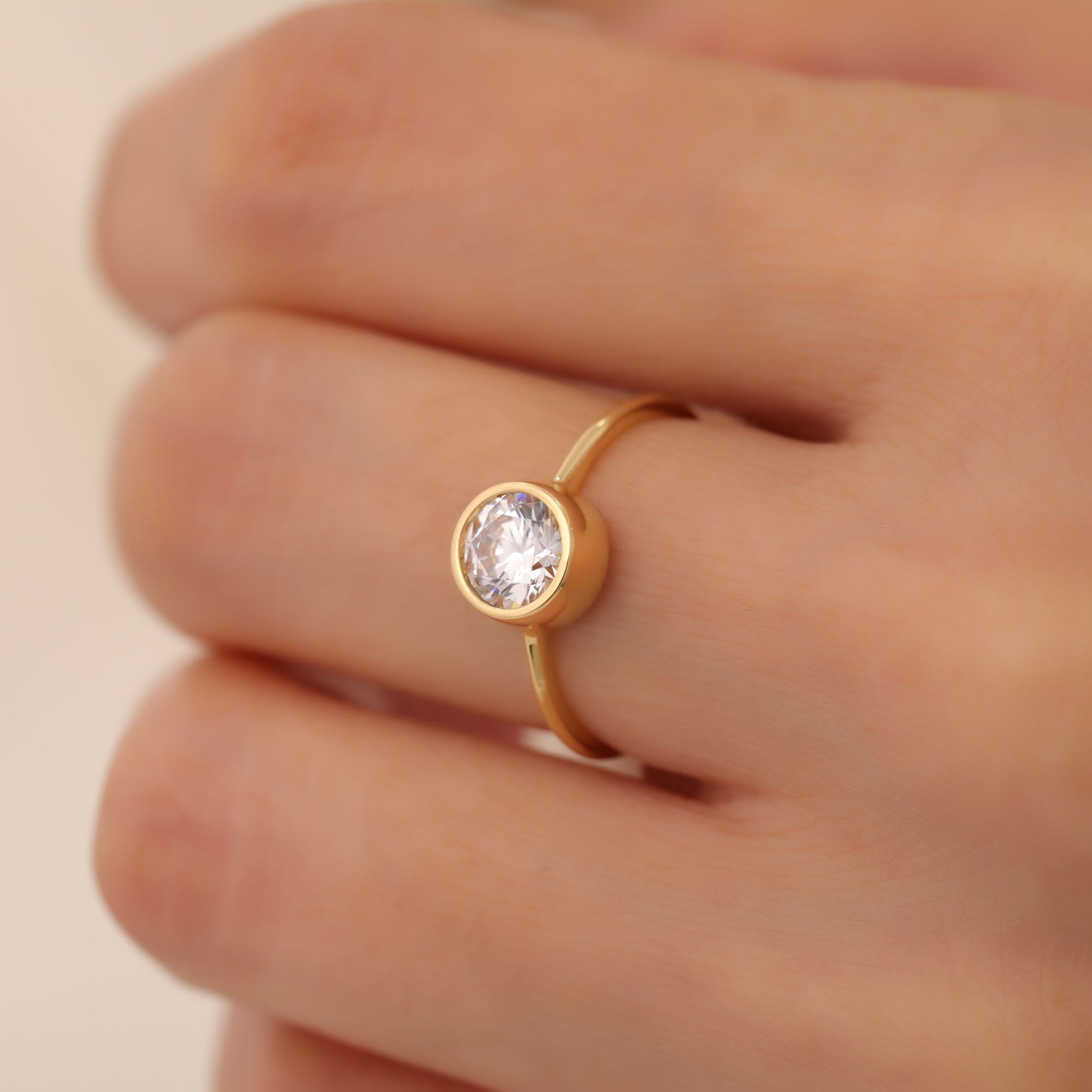 Round White Topaz Bezel Ring in 14K Solid Gold | April Birthstone Queen Jewelry Rings