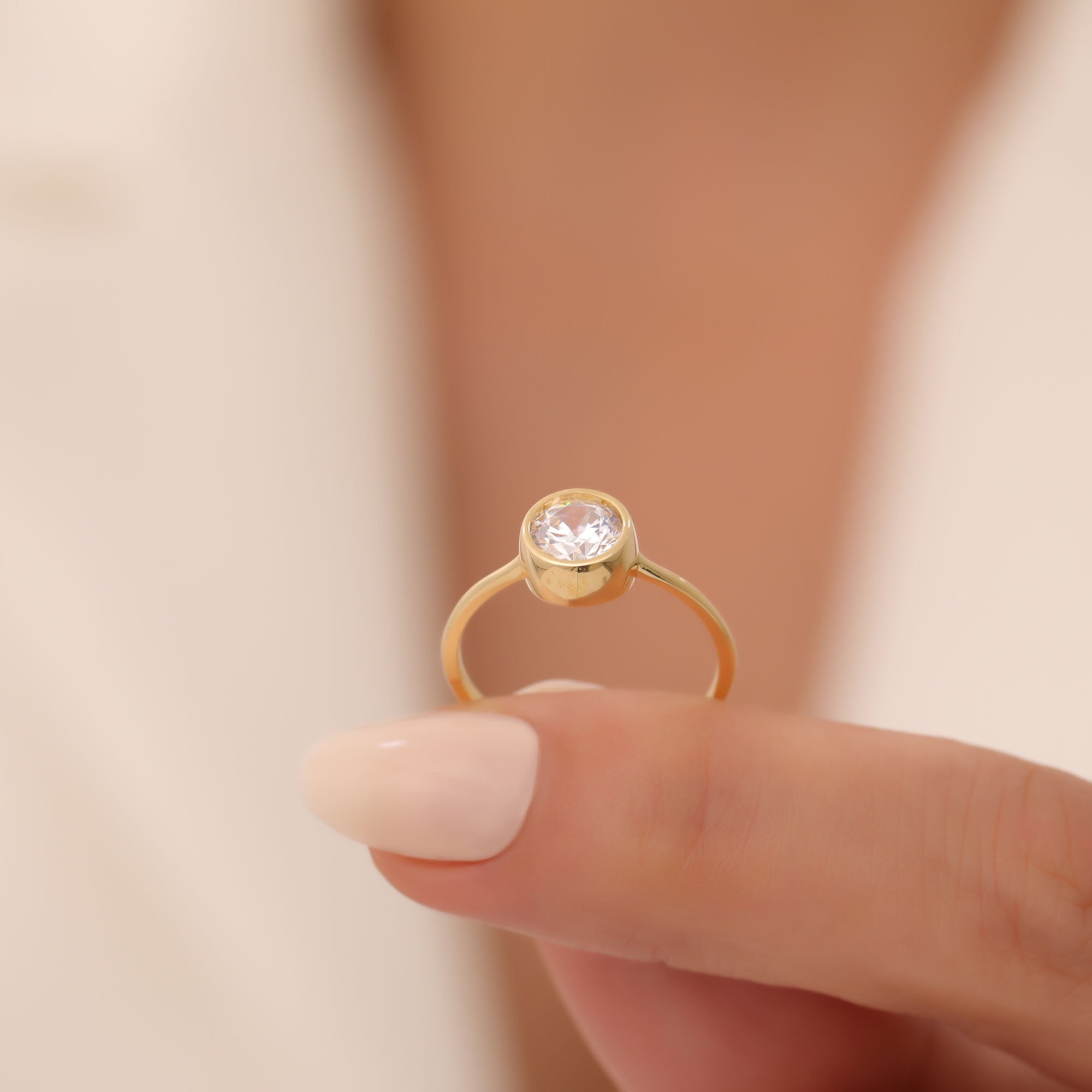 Round White Topaz Bezel Ring in 14K Solid Gold | April Birthstone Queen Jewelry Rings