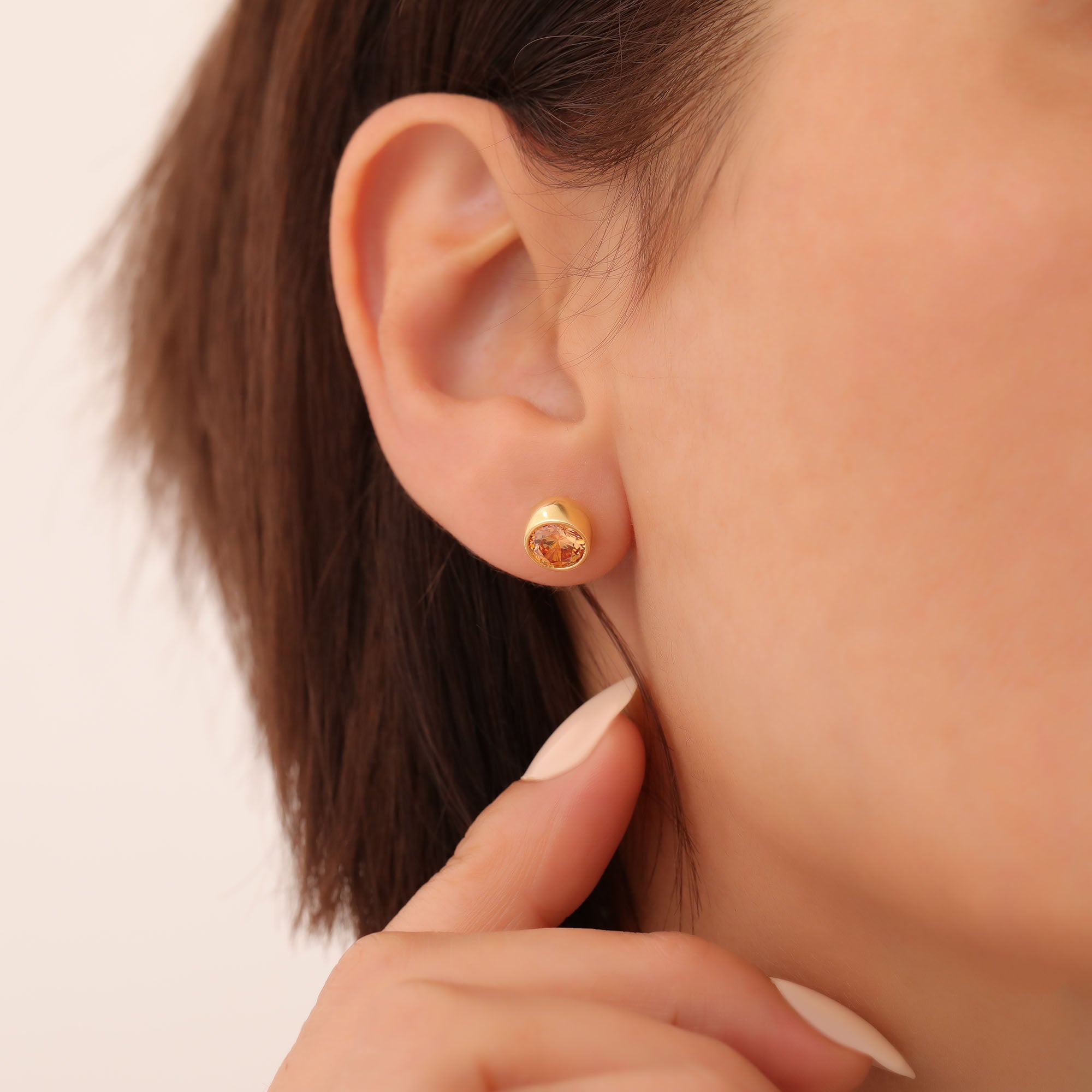 Round Citrine Bezel Stud Earrings in 14K Solid Gold | November Birthstone Queen Jewelry Earrings