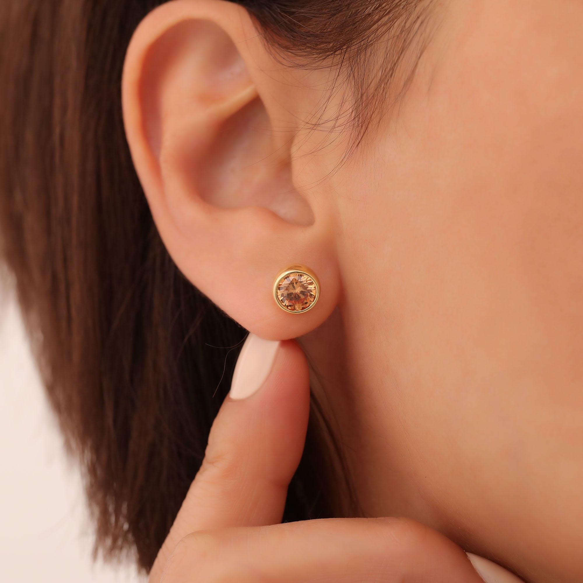 Round Citrine Bezel Stud Earrings in 14K Solid Gold | November Birthstone Queen Jewelry Earrings
