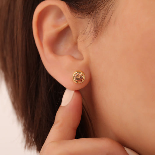 Round Citrine Bezel Stud Earrings in 14K Solid Gold | November Birthstone Queen Jewelry Earrings