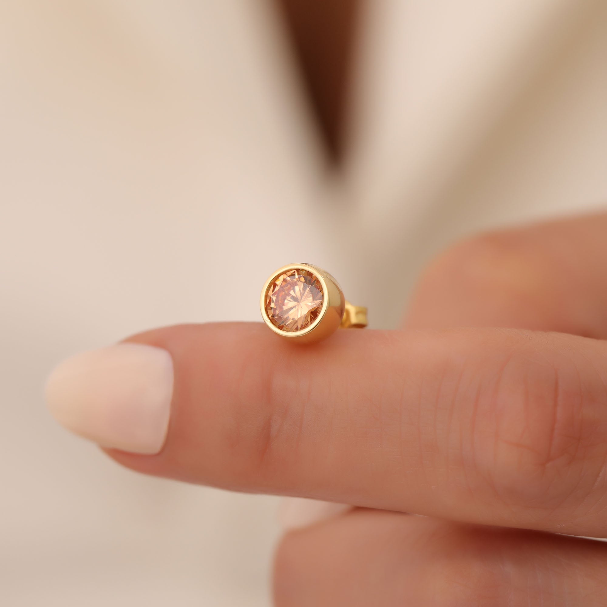 Round Citrine Bezel Stud Earrings in 14K Solid Gold | November Birthstone Queen Jewelry Earrings