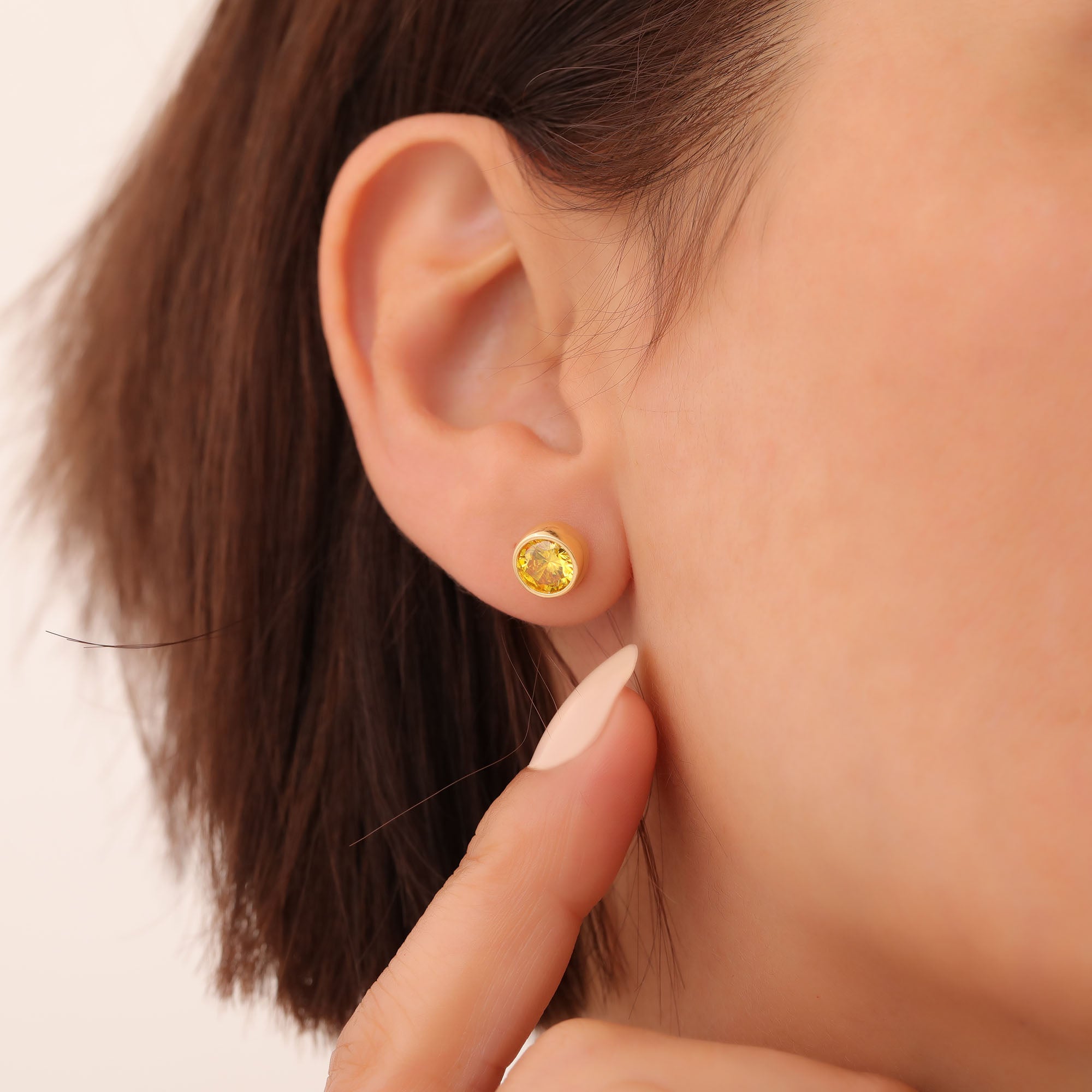 Round Yellow Topaz Bezel Stud Earrings in 14K Solid Gold | Birthstone Jewelry Queen Jewelry Earrings