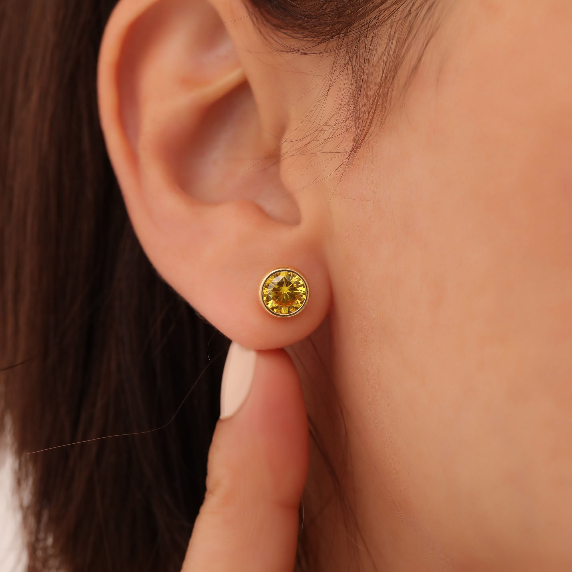 Round Yellow Topaz Bezel Stud Earrings in 14K Solid Gold | Birthstone Jewelry Queen Jewelry Earrings