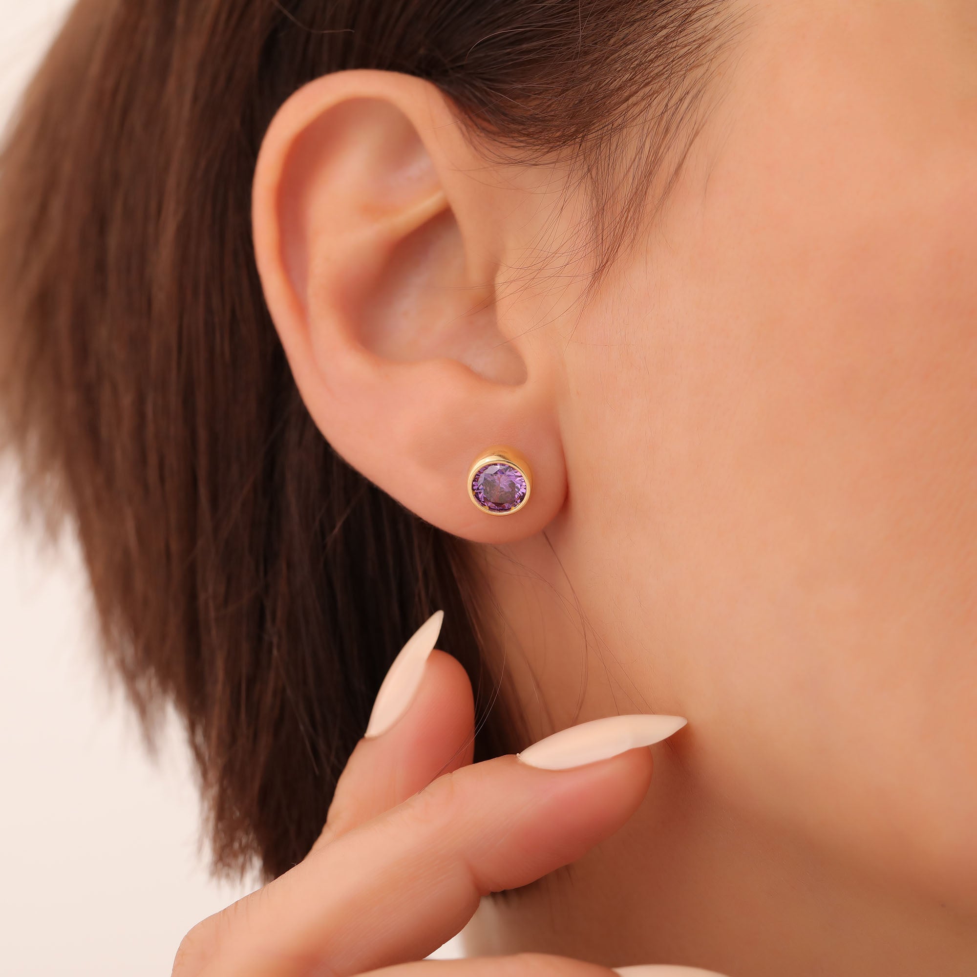 Round Amethyst Bezel Stud Earrings in 14K Solid Gold | February Birthstone Queen Jewelry Earrings