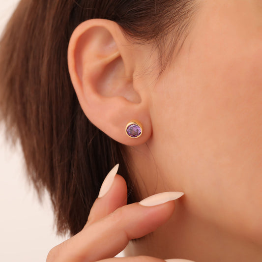 Round Amethyst Bezel Stud Earrings in 14K Solid Gold | February Birthstone Queen Jewelry Earrings