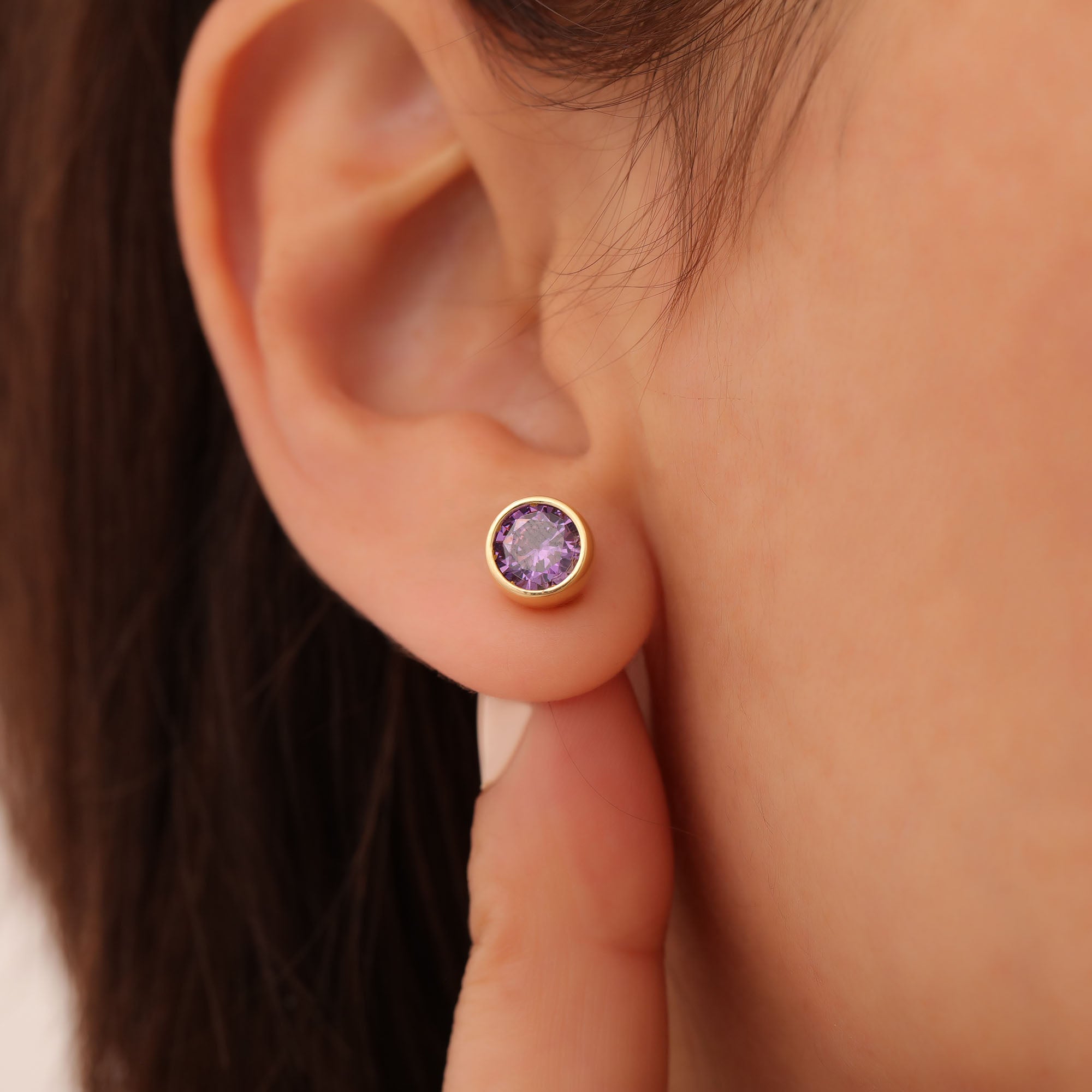 Round Amethyst Bezel Stud Earrings in 14K Solid Gold | February Birthstone Queen Jewelry Earrings