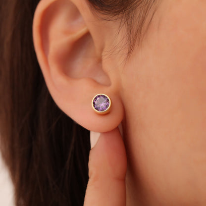 Round Amethyst Bezel Stud Earrings in 14K Solid Gold | February Birthstone Queen Jewelry Earrings
