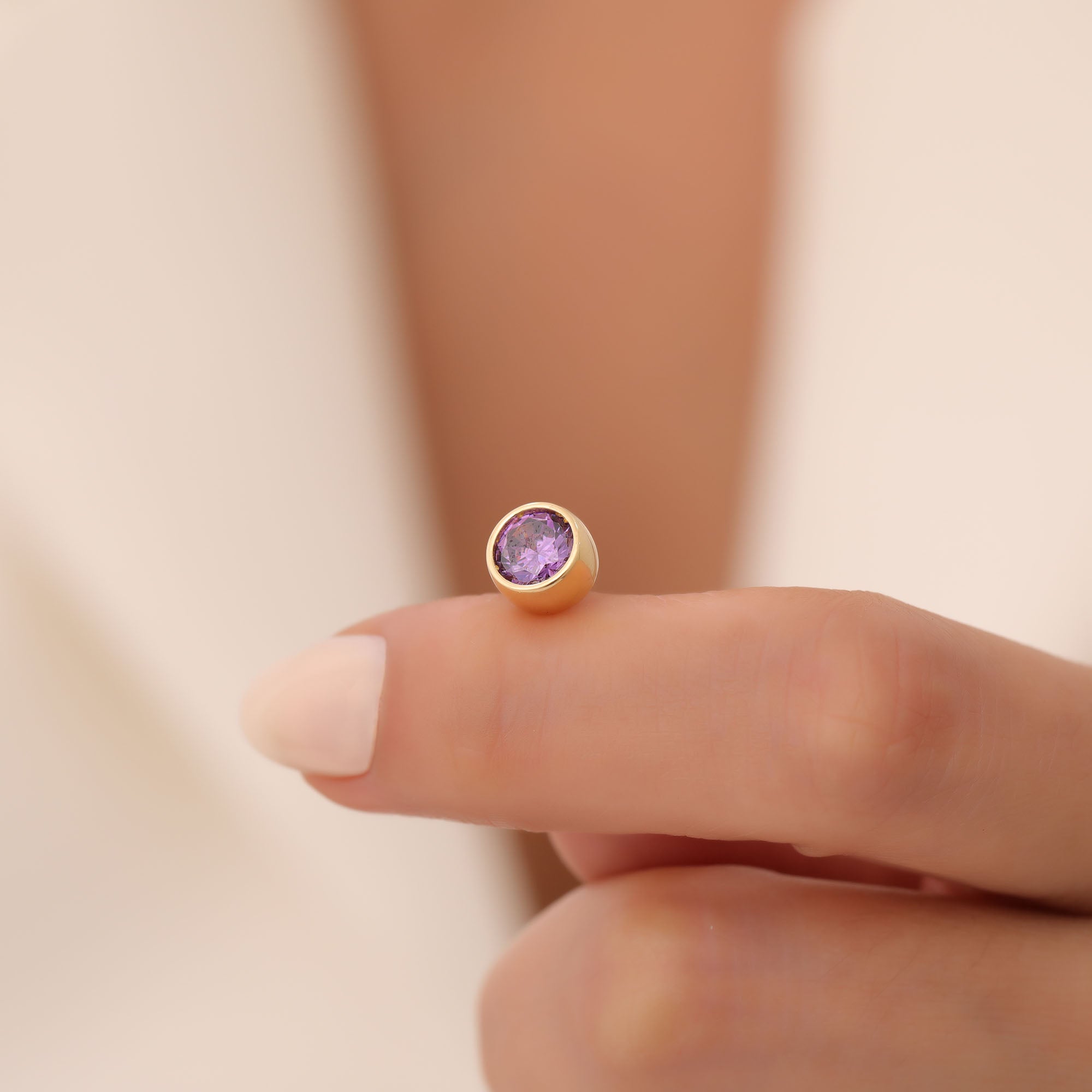 Round Amethyst Bezel Stud Earrings in 14K Solid Gold | February Birthstone Queen Jewelry Earrings